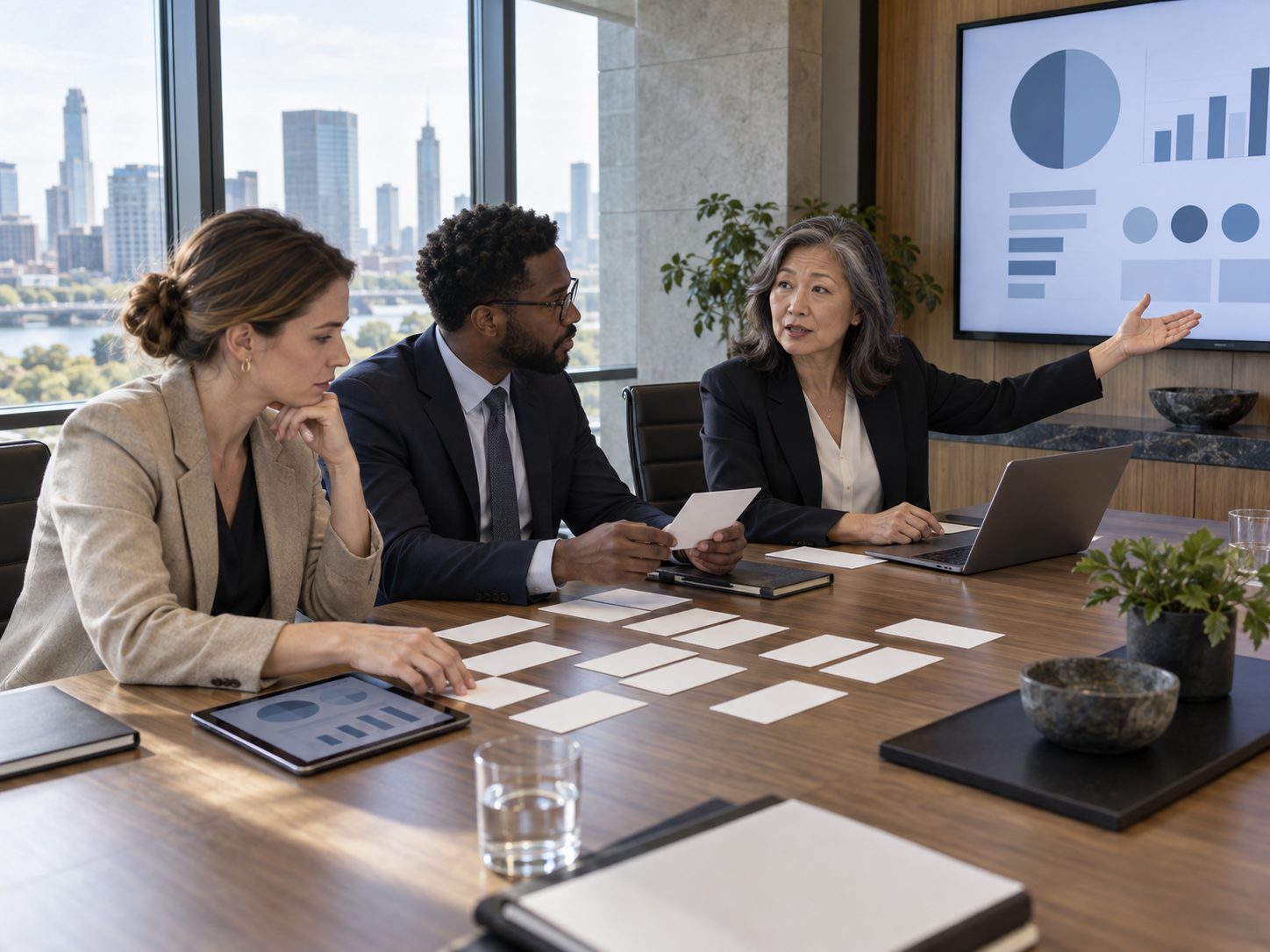 Corporate development team discussing acquisition targets