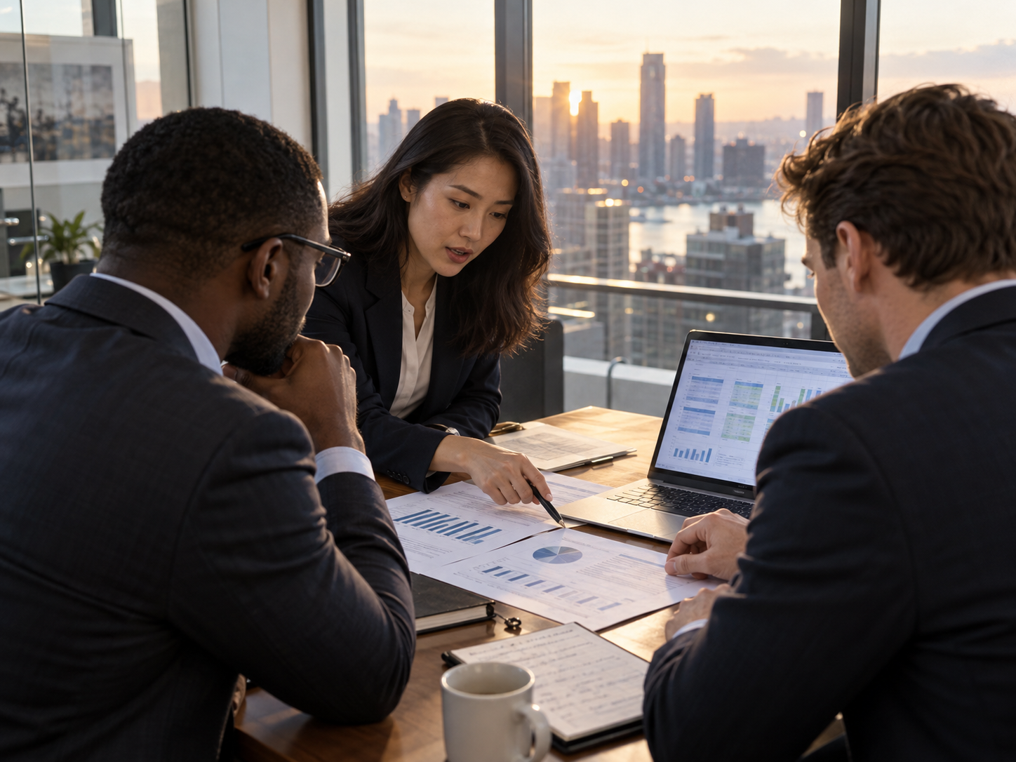 Investment banking team reviewing a merger model