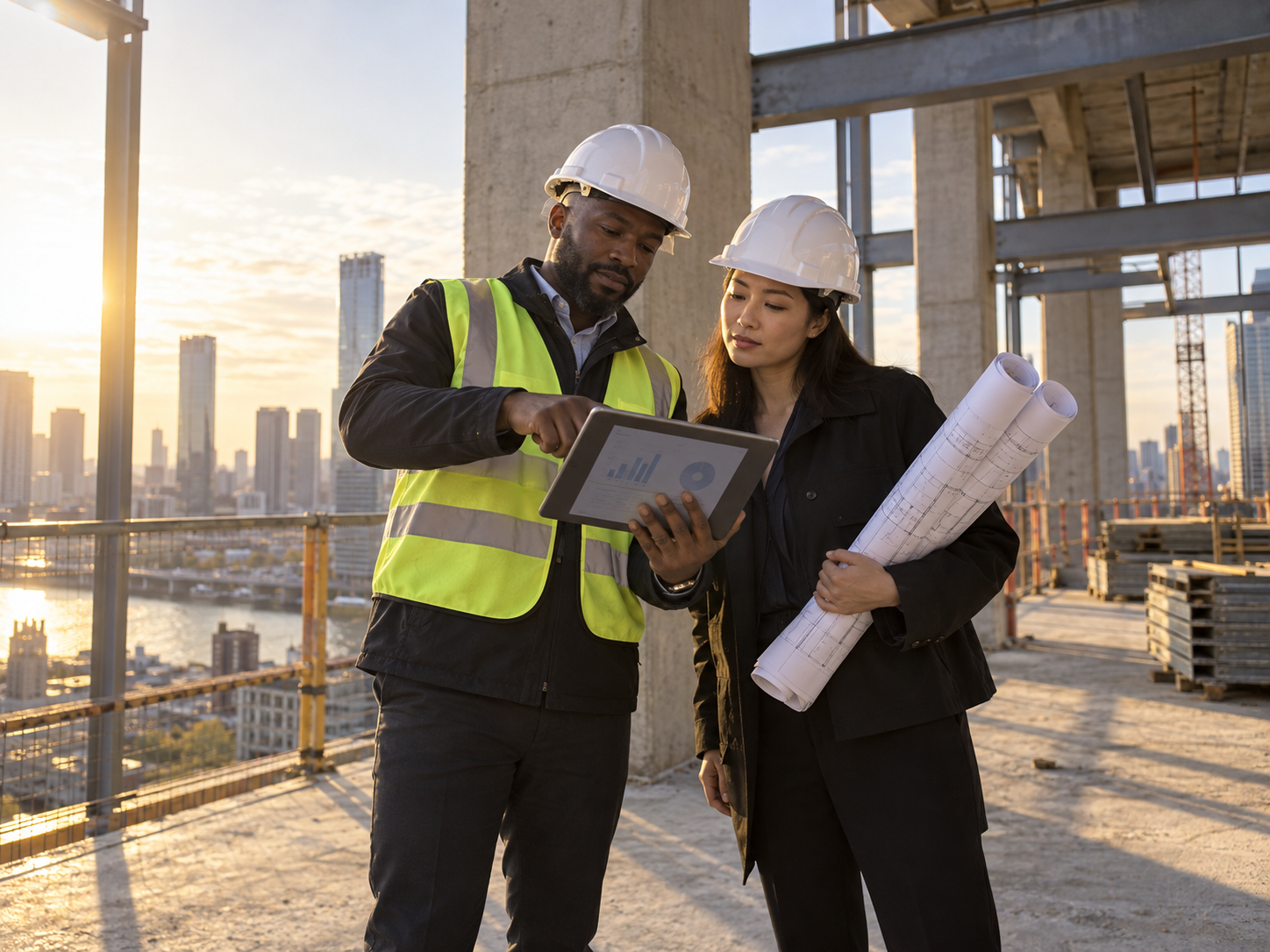 Project finance professionals reviewing a development model on site