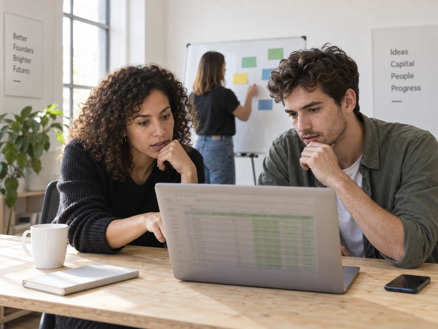Startup finance lead and founder reviewing cash runway assumptions