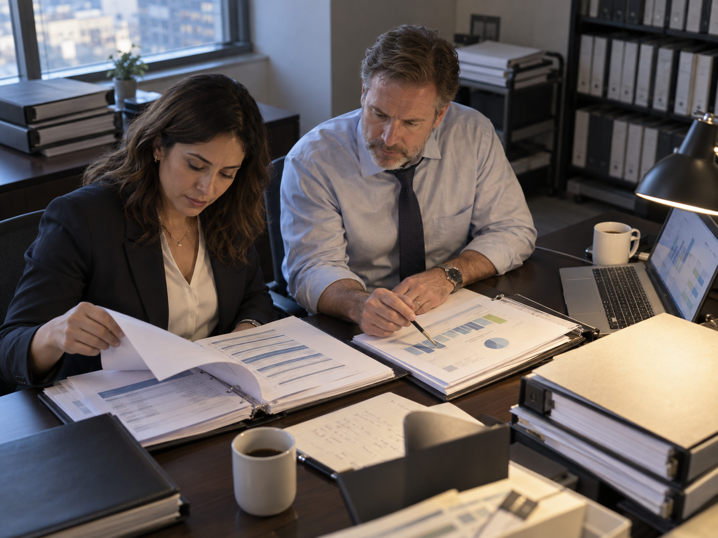 Transaction advisers reviewing due diligence materials