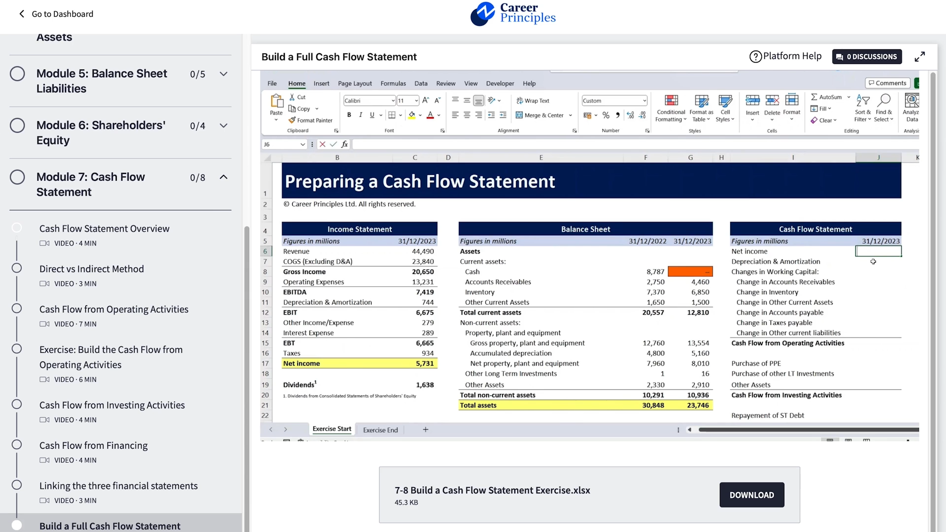 Career Principles lesson on preparing a cash flow statement in Excel